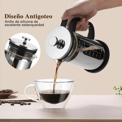Prensa Francesa de Vidrio 1 L  cafetera de vidrio con émbolo de acero inoxidable y asa plástica. Filtro doble de malla para un café más puro y aromático. Diseño resistente y práctico, ideal para preparar café en casa o bar.