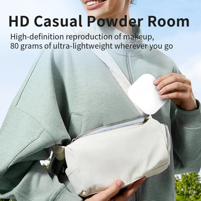 Espejo compacto con luces LED, aumento 1X/2X y diseño plegable portátil. Perfecto para maquillaje de viaje, bolso o como regalo práctico y elegante.