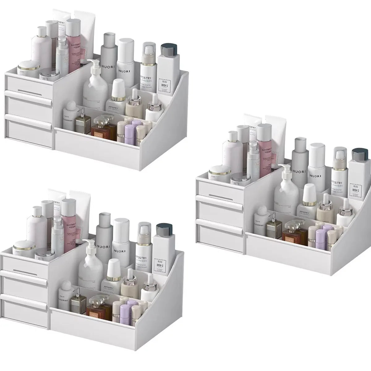Caja Organizadora de Maquillaje con cajón para cosméticos y cuidado de la piel. Práctica para dormitorio o tocador, ideal para mantener tu espacio ordenado y elegante.